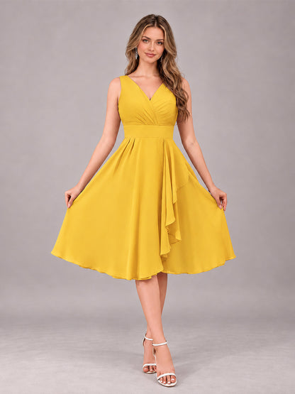 Mustard Yellow Stylish A-Line V-Neck Knee Length Chiffon Bridesmaid Dress
