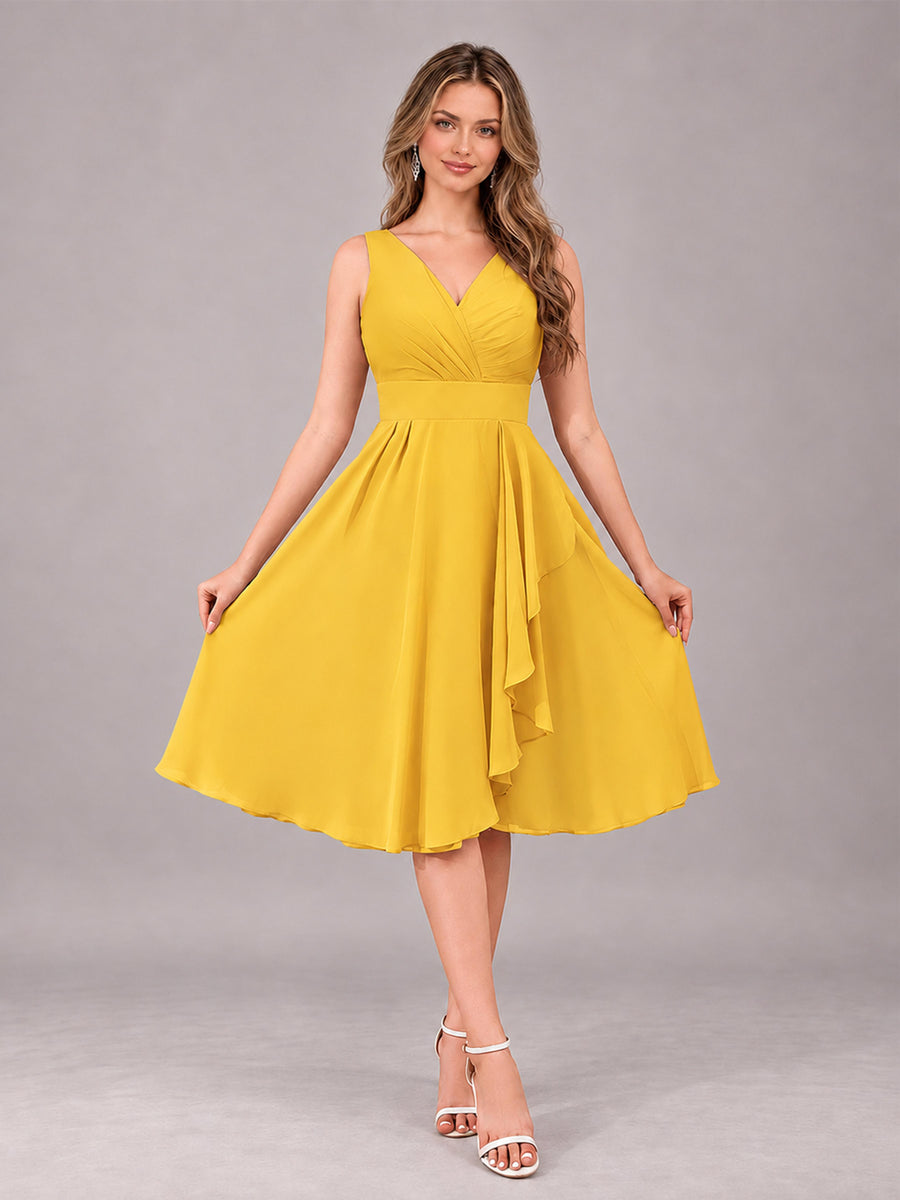 Mustard Yellow Stylish A-Line V-Neck Knee Length Chiffon Bridesmaid Dress