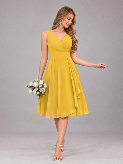 Mustard Yellow Stylish A-Line V-Neck Knee Length Chiffon Bridesmaid Dress