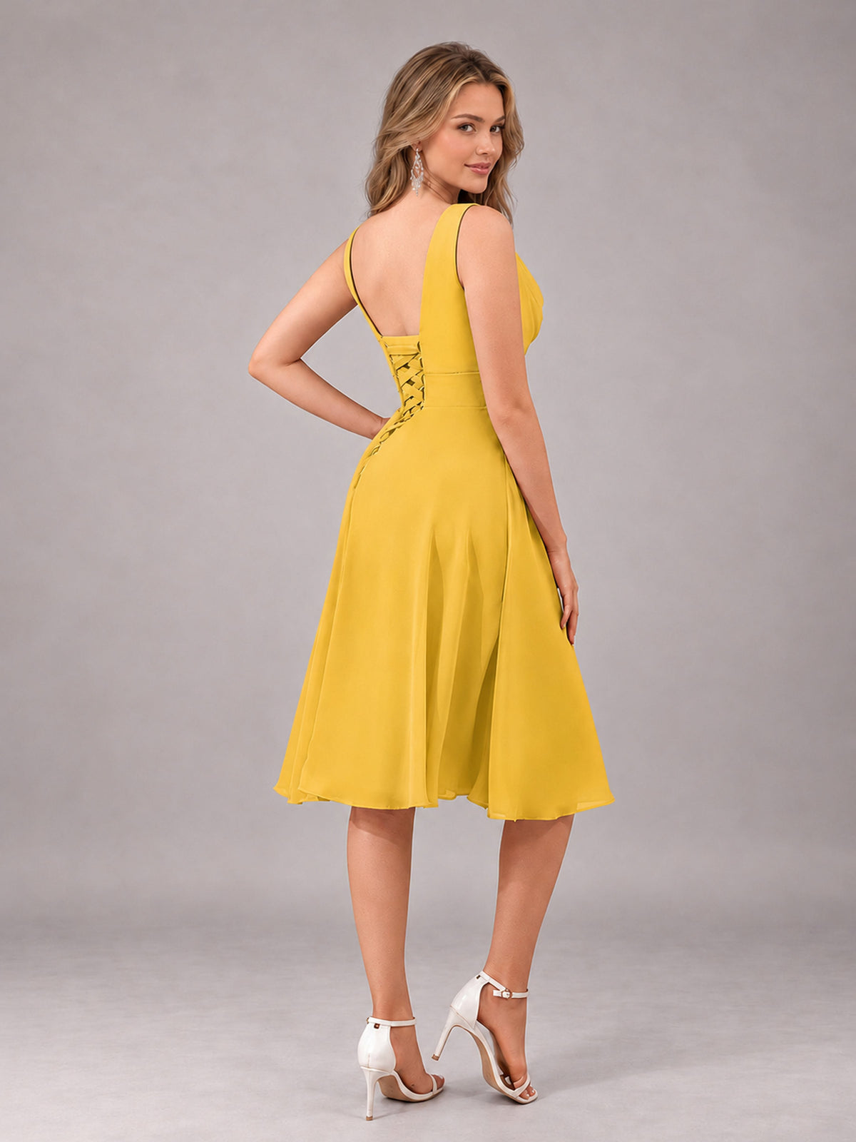 Mustard Yellow Stylish A-Line V-Neck Knee Length Chiffon Bridesmaid Dress