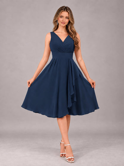 Navy Blue Stylish A-Line V-Neck Knee Length Chiffon Bridesmaid Dress