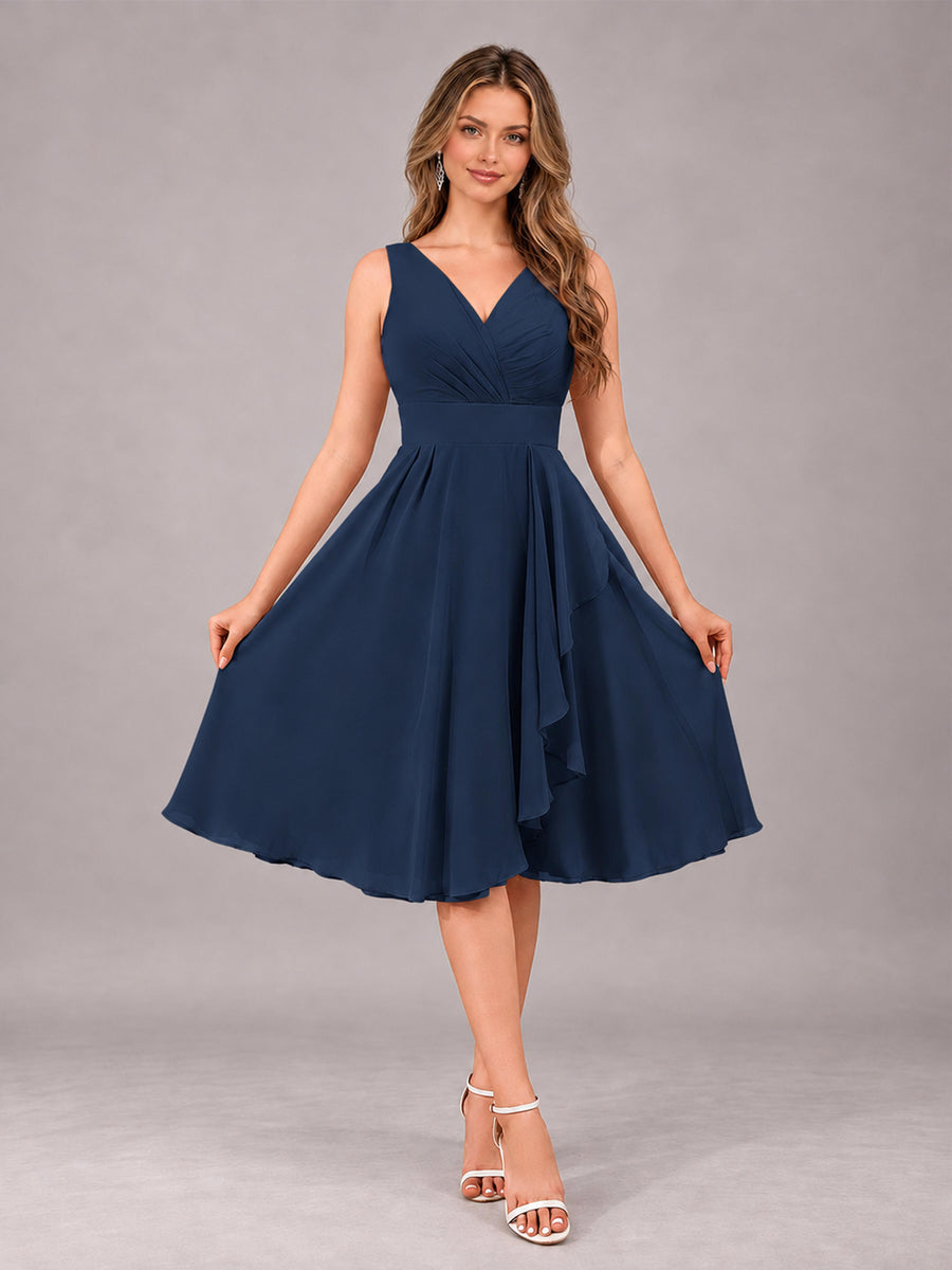 Navy Blue Stylish A-Line V-Neck Knee Length Chiffon Bridesmaid Dress