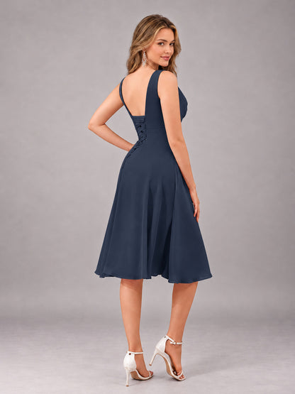 Navy Blue Stylish A-Line V-Neck Knee Length Chiffon Bridesmaid Dress