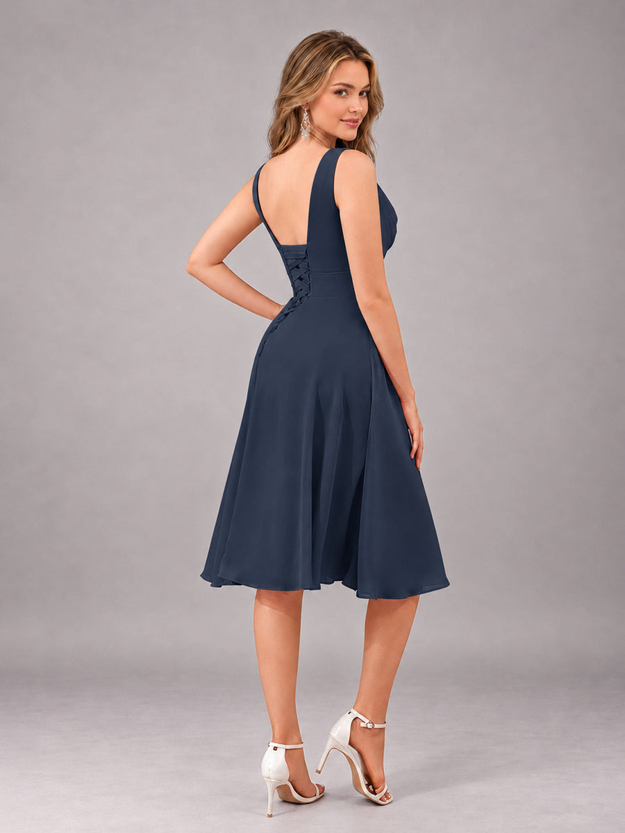Navy Blue Stylish A-Line V-Neck Knee Length Chiffon Bridesmaid Dress
