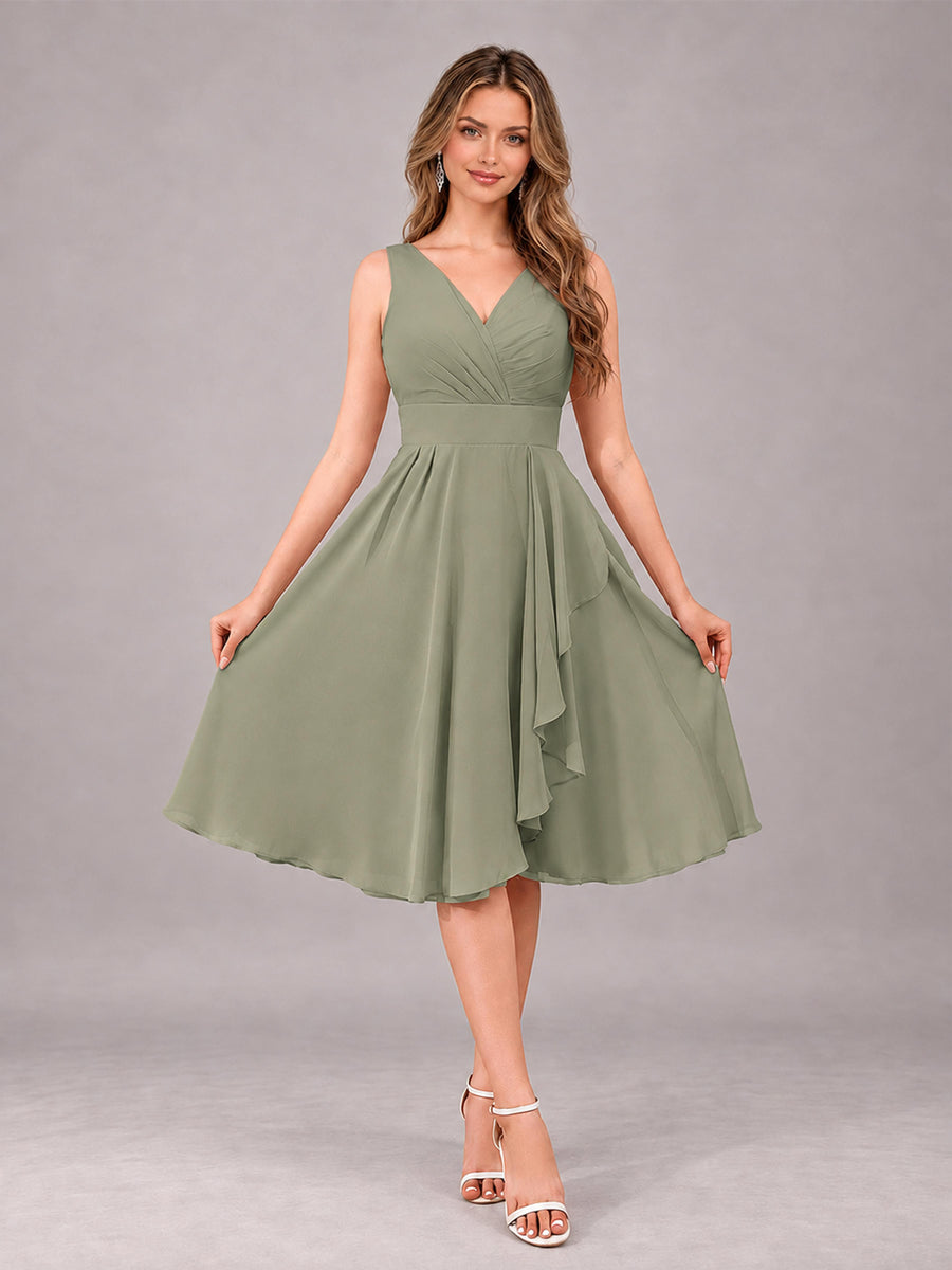 Olive Green Stylish A-Line V-Neck Knee Length Chiffon Bridesmaid Dress