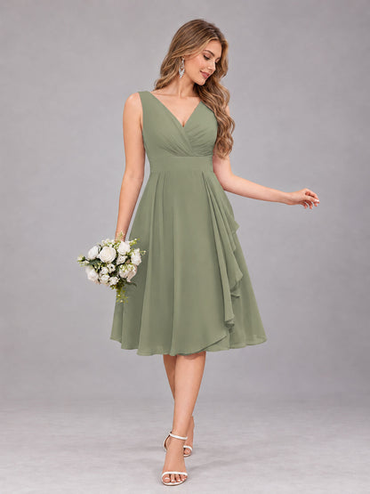 Olive Green Stylish A-Line V-Neck Knee Length Chiffon Bridesmaid Dress