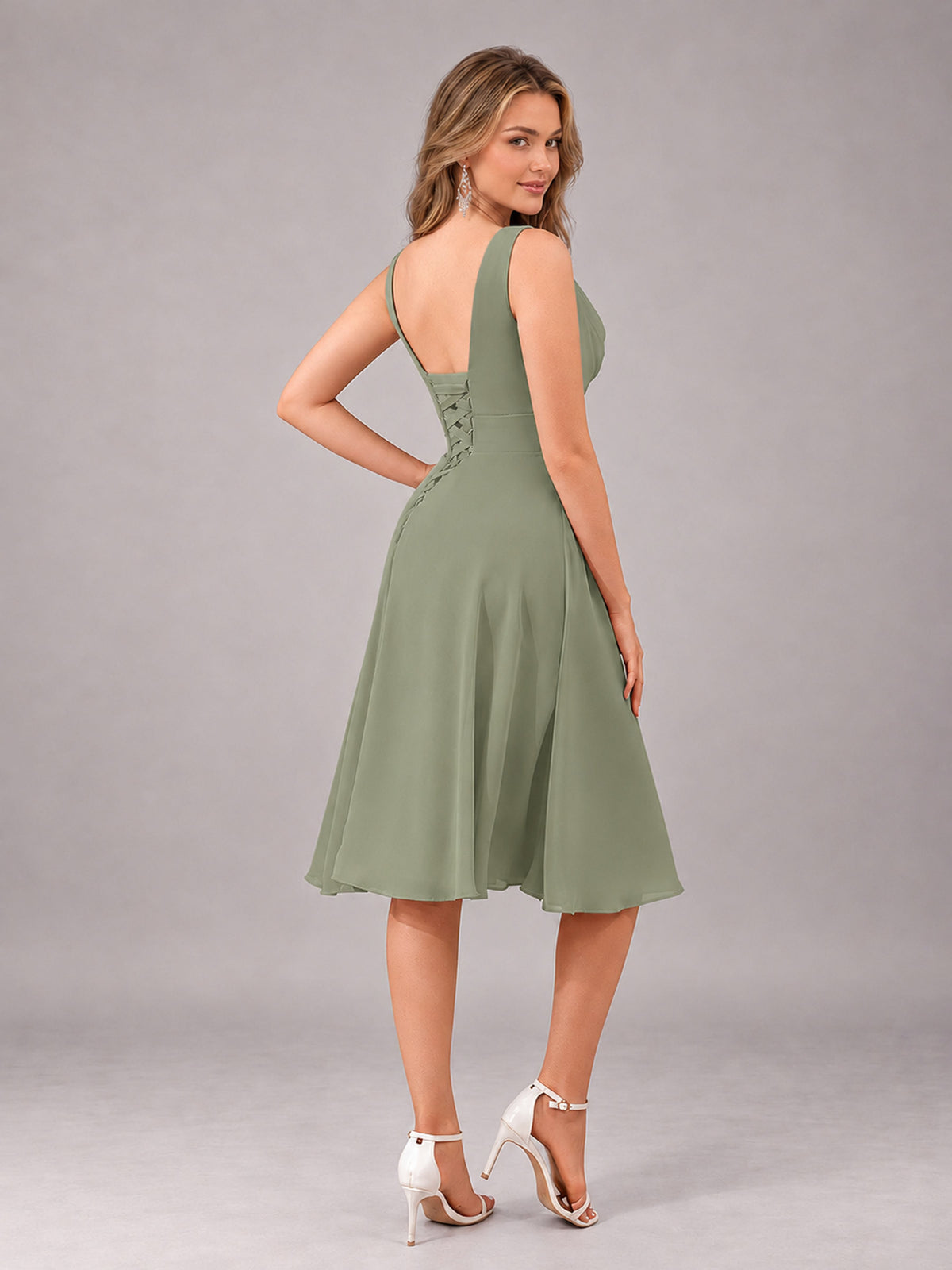 Olive Green Stylish A-Line V-Neck Knee Length Chiffon Bridesmaid Dress