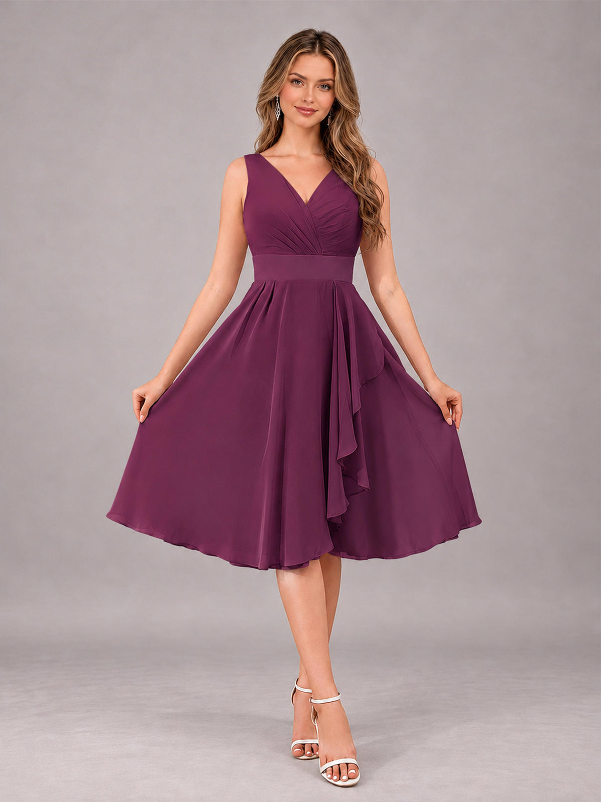 Plum Stylish A-Line V-Neck Knee Length Chiffon Bridesmaid Dress