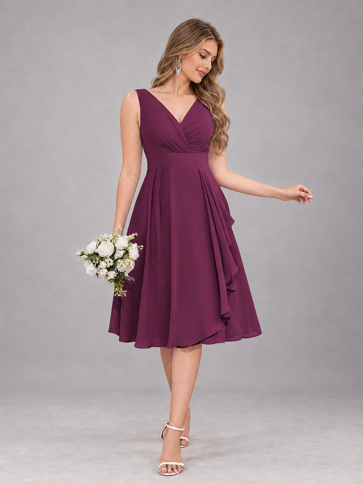 Plum Stylish A-Line V-Neck Knee Length Chiffon Bridesmaid Dress