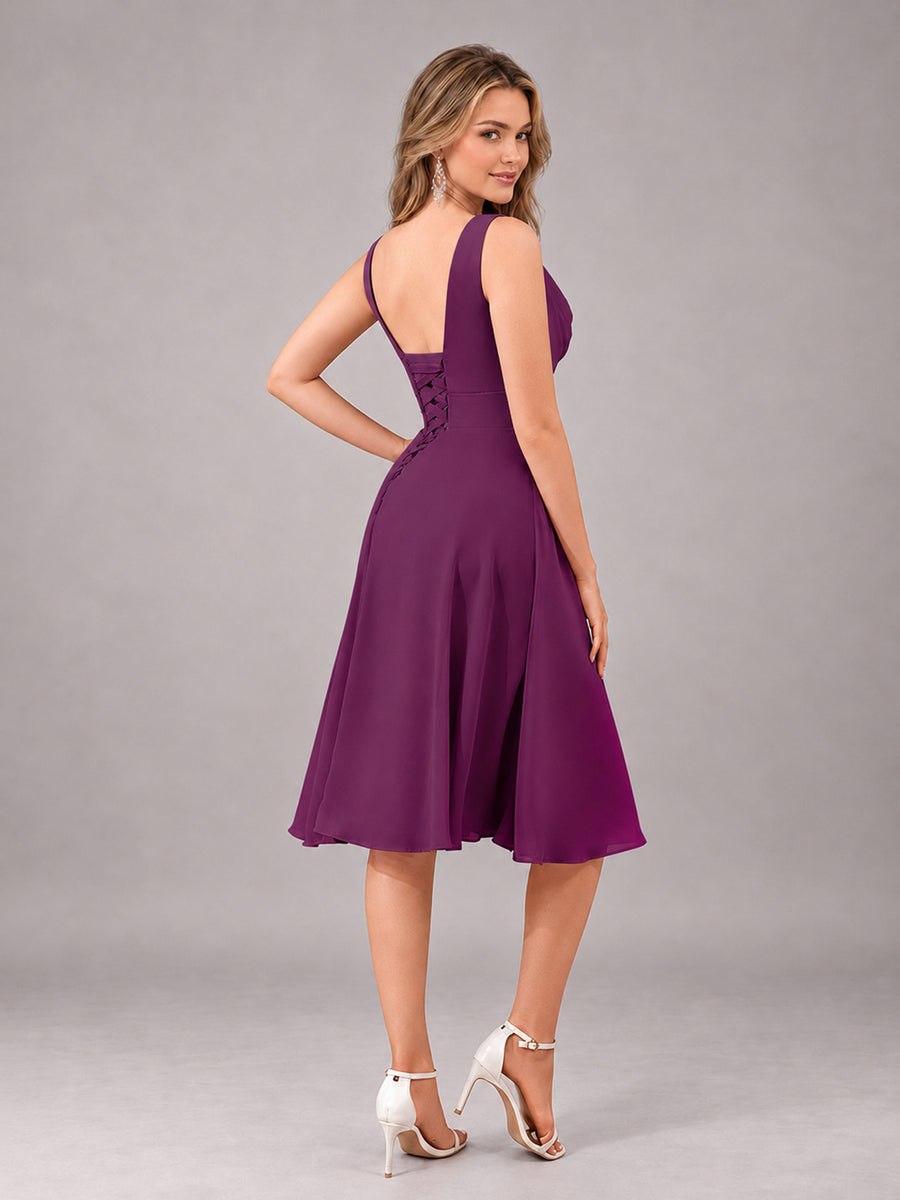 Plum Stylish A-Line V-Neck Knee Length Chiffon Bridesmaid Dress
