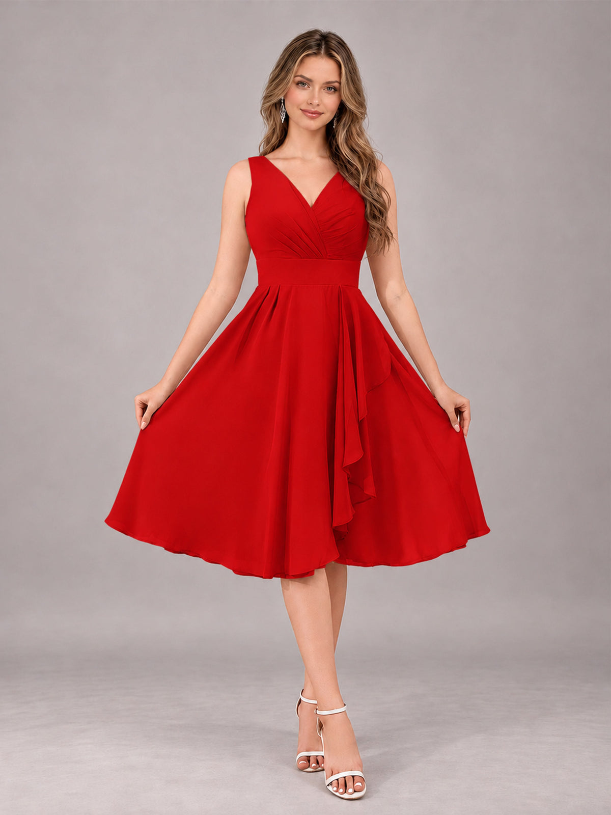 Red Stylish A-Line V-Neck Knee Length Chiffon Bridesmaid Dress