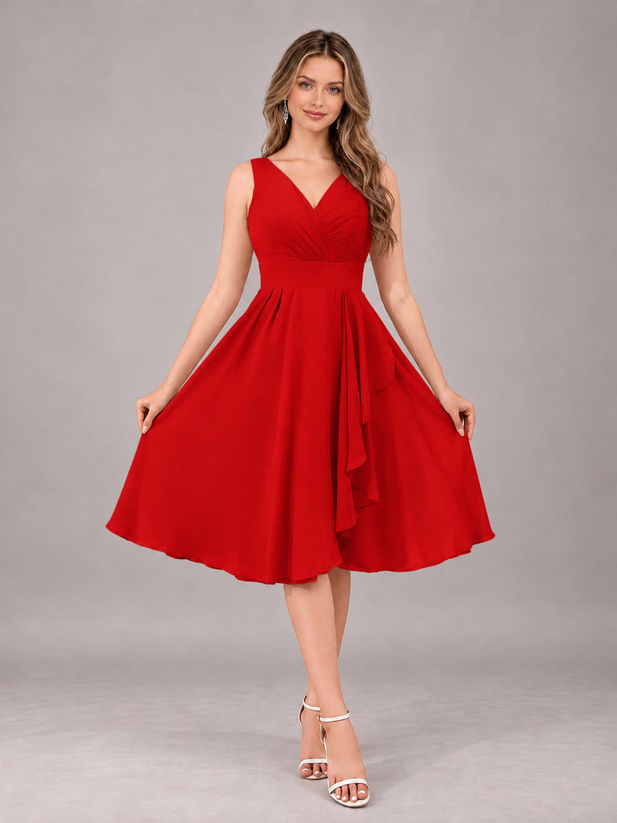 Red Stylish A-Line V-Neck Knee Length Chiffon Bridesmaid Dress