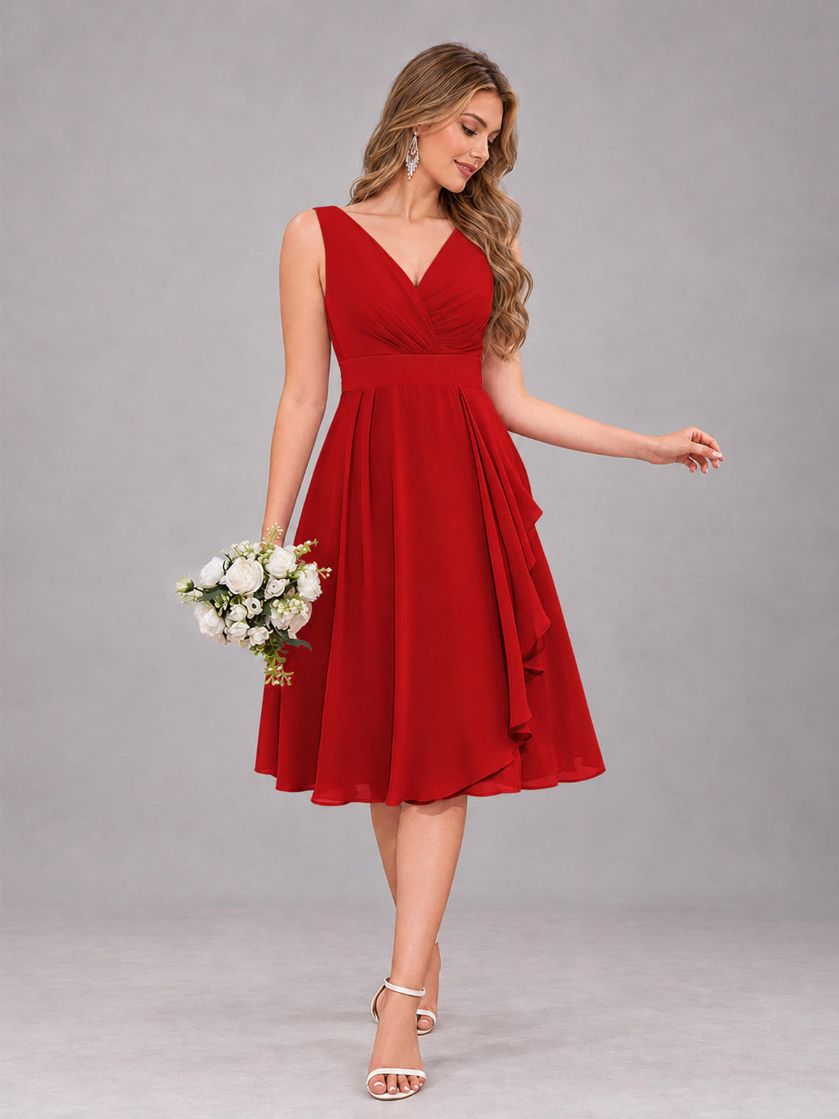 Red Stylish A-Line V-Neck Knee Length Chiffon Bridesmaid Dress