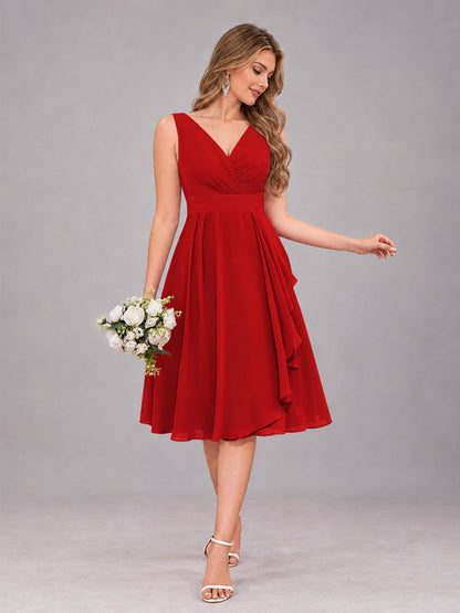 Red Stylish A-Line V-Neck Knee Length Chiffon Bridesmaid Dress