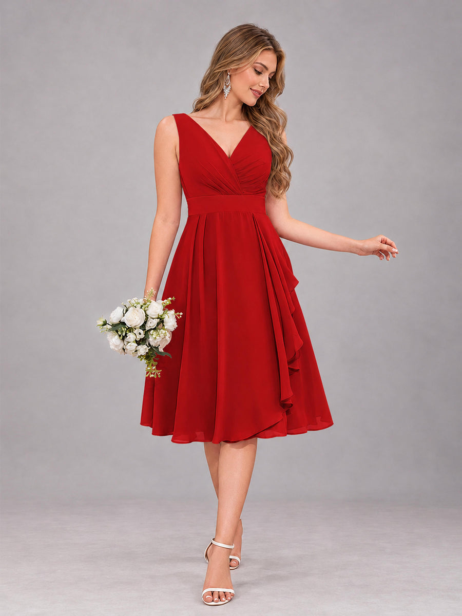 Red Stylish A-Line V-Neck Knee Length Chiffon Bridesmaid Dress