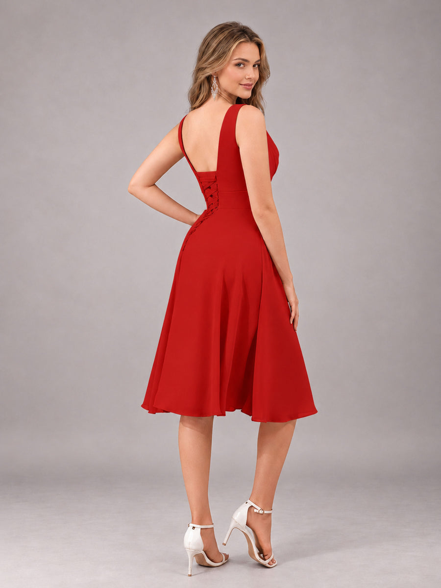 Red Stylish A-Line V-Neck Knee Length Chiffon Bridesmaid Dress