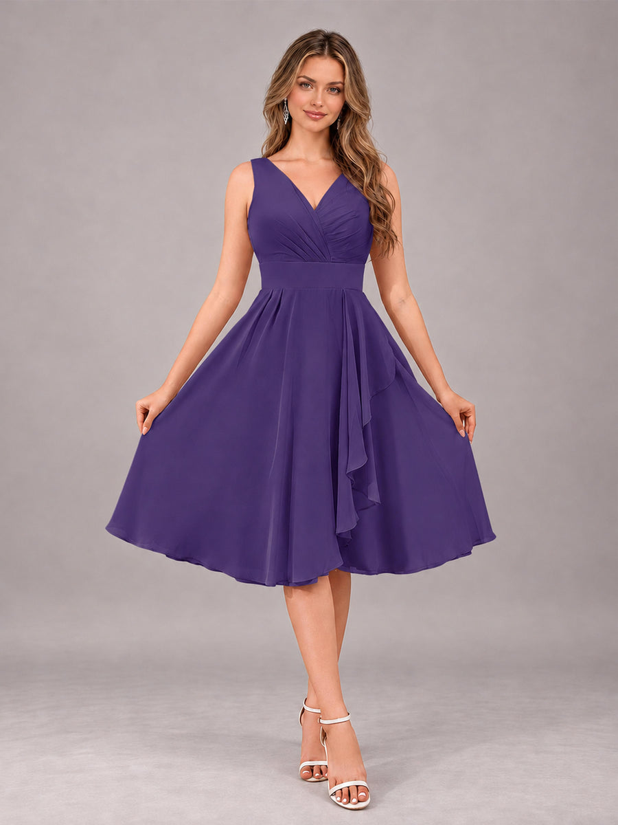 Regency Stylish A-Line V-Neck Knee Length Chiffon Bridesmaid Dress