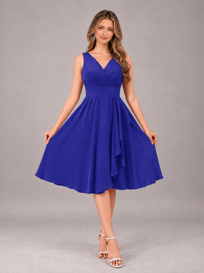 Royal Blue Stylish A-Line V-Neck Knee Length Chiffon Bridesmaid Dress