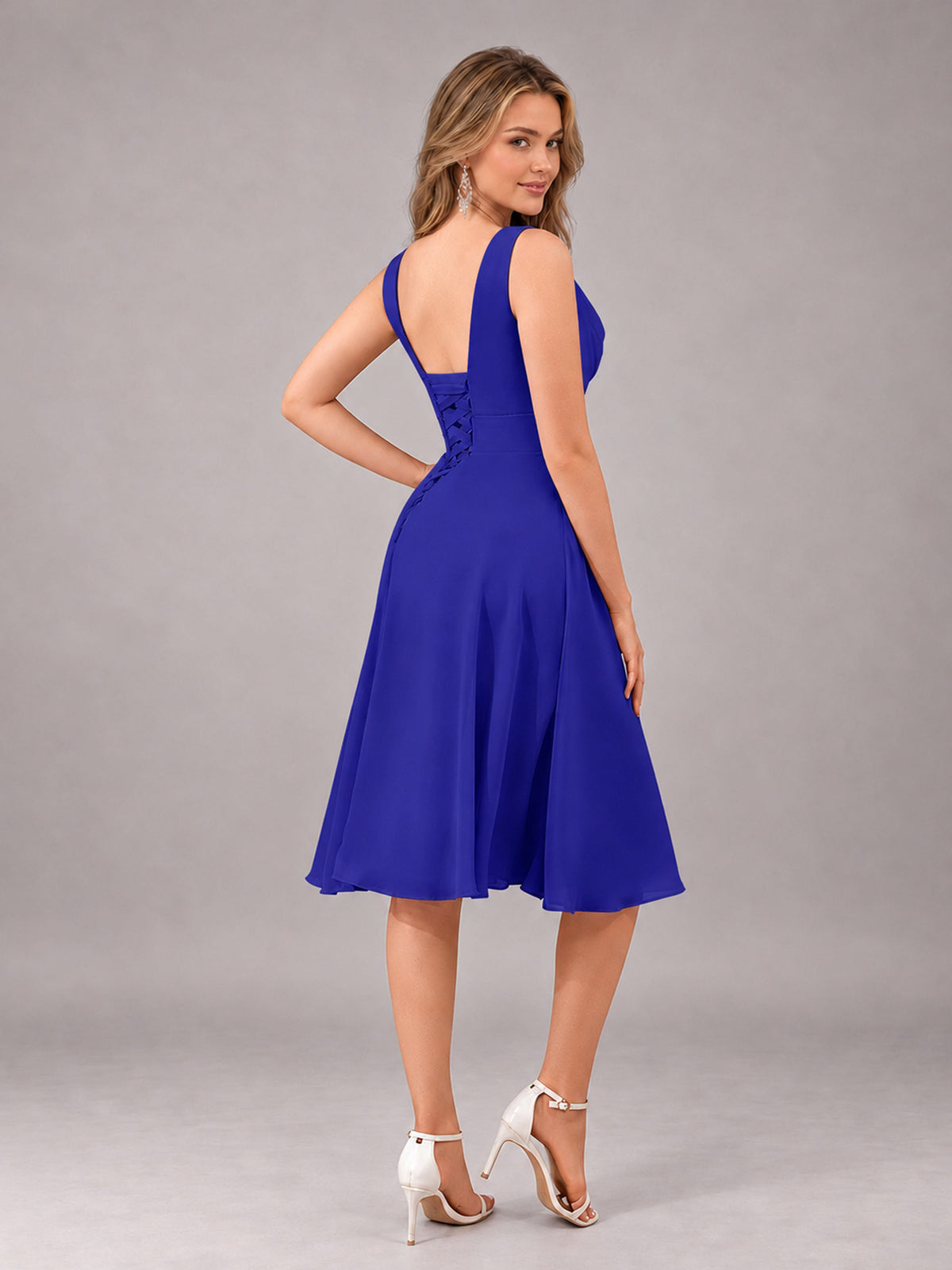 Royal Blue Stylish A-Line V-Neck Knee Length Chiffon Bridesmaid Dress