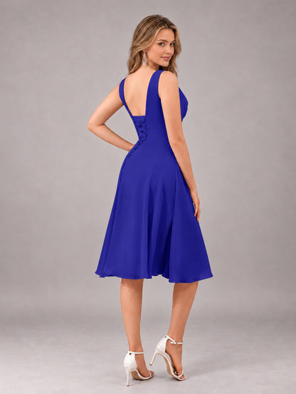 Royal Blue Stylish A-Line V-Neck Knee Length Chiffon Bridesmaid Dress