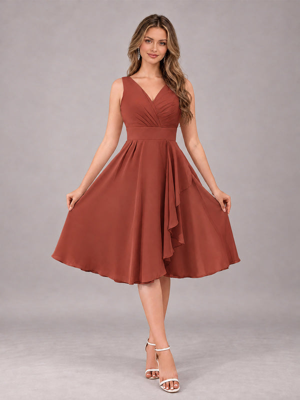 Rust Stylish A-Line V-Neck Knee Length Chiffon Bridesmaid Dress