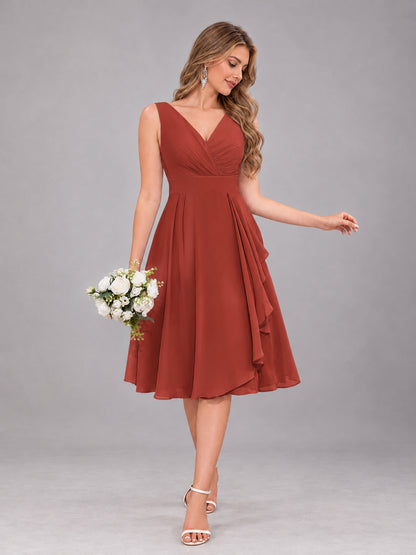 Rust Stylish A-Line V-Neck Knee Length Chiffon Bridesmaid Dress