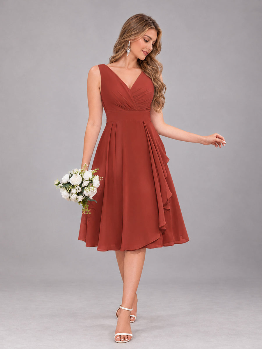 Rust Stylish A-Line V-Neck Knee Length Chiffon Bridesmaid Dress