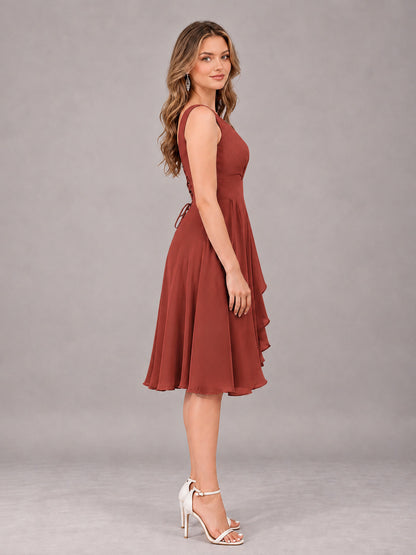 Rust Stylish A-Line V-Neck Knee Length Chiffon Bridesmaid Dress