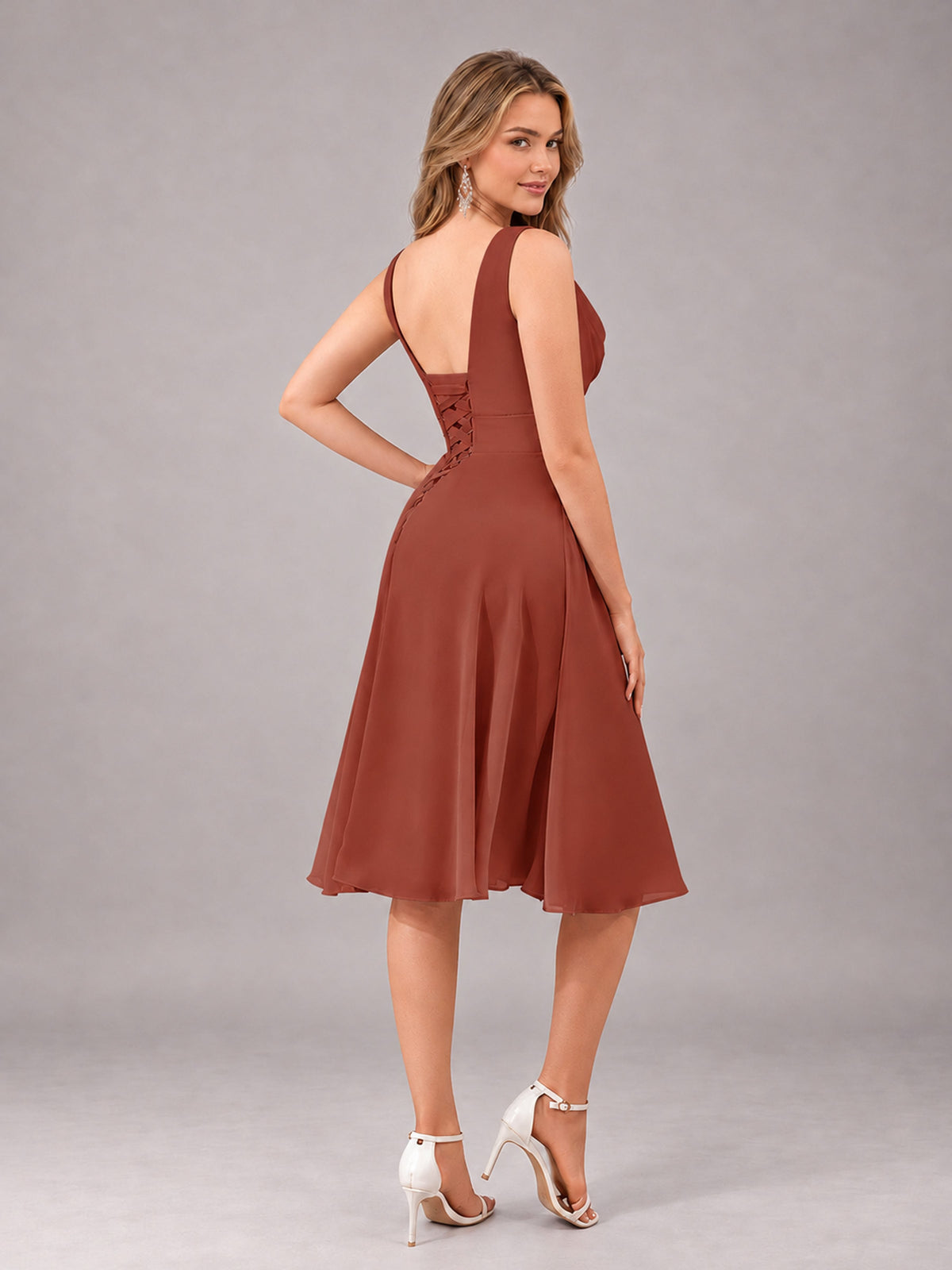 Rust Stylish A-Line V-Neck Knee Length Chiffon Bridesmaid Dress