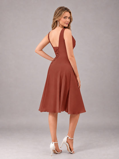 Rust Stylish A-Line V-Neck Knee Length Chiffon Bridesmaid Dress