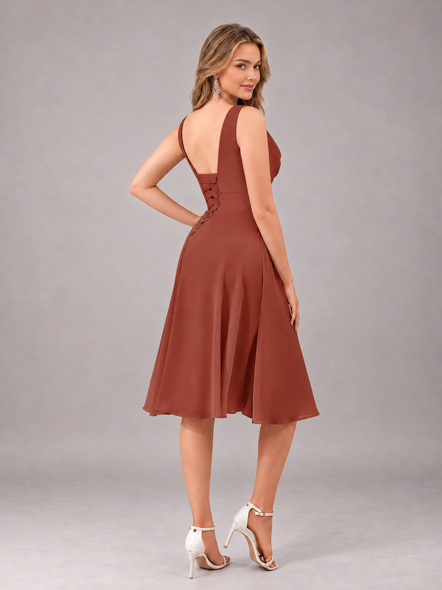 Rust Stylish A-Line V-Neck Knee Length Chiffon Bridesmaid Dress