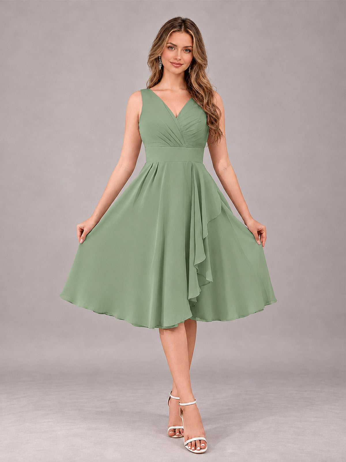 Sage Green Stylish A-Line V-Neck Knee Length Chiffon Bridesmaid Dress