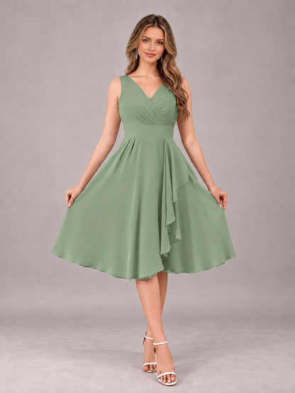 Sage Green Stylish A-Line V-Neck Knee Length Chiffon Bridesmaid Dress