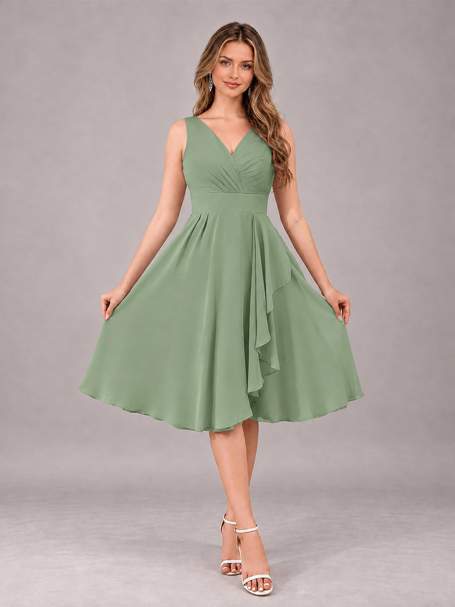 Sage Green Stylish A-Line V-Neck Knee Length Chiffon Bridesmaid Dress