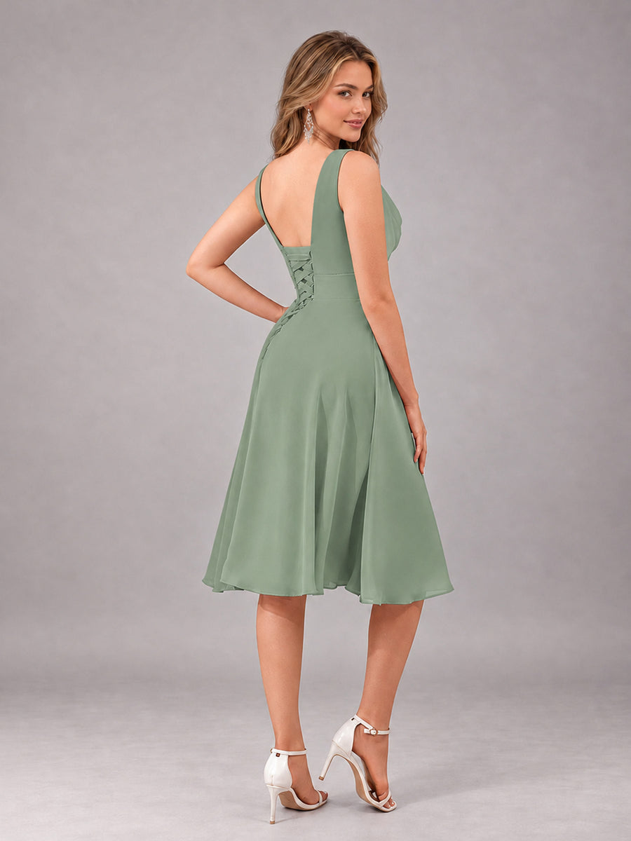 Sage Green Stylish A-Line V-Neck Knee Length Chiffon Bridesmaid Dress