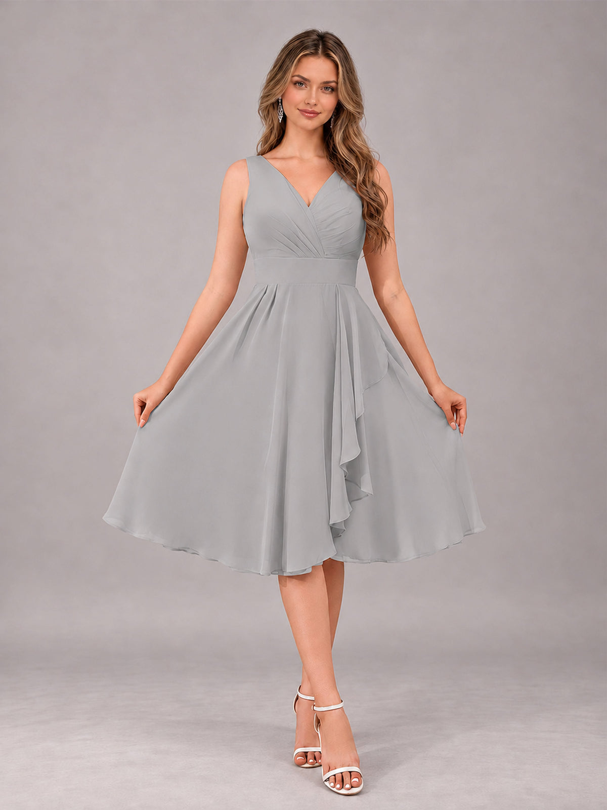 Silver Stylish A-Line V-Neck Knee Length Chiffon Bridesmaid Dress