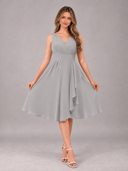 Silver Stylish A-Line V-Neck Knee Length Chiffon Bridesmaid Dress