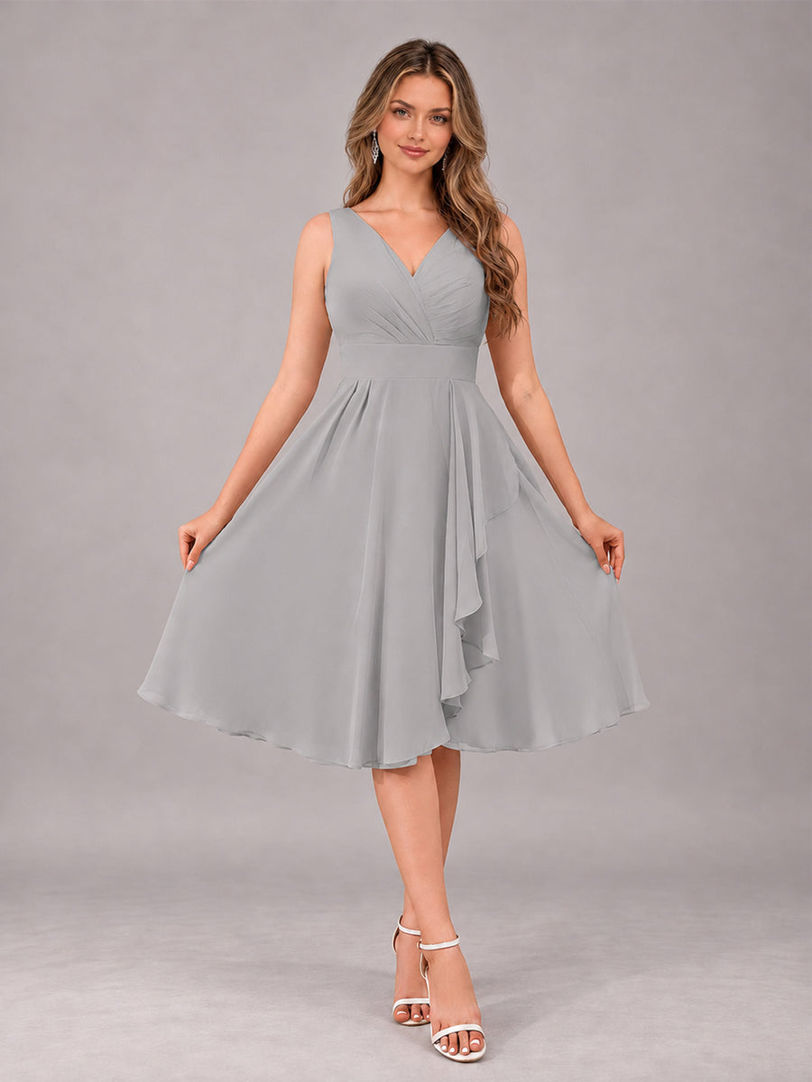 Silver Stylish A-Line V-Neck Knee Length Chiffon Bridesmaid Dress