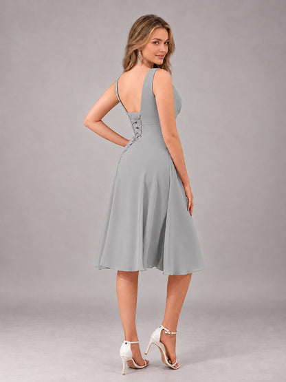 Silver Stylish A-Line V-Neck Knee Length Chiffon Bridesmaid Dress