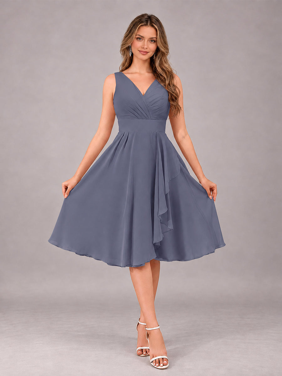 Stormy Blue Stylish A-Line V-Neck Knee Length Chiffon Bridesmaid Dress