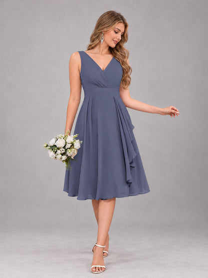 Stormy Blue Stylish A-Line V-Neck Knee Length Chiffon Bridesmaid Dress