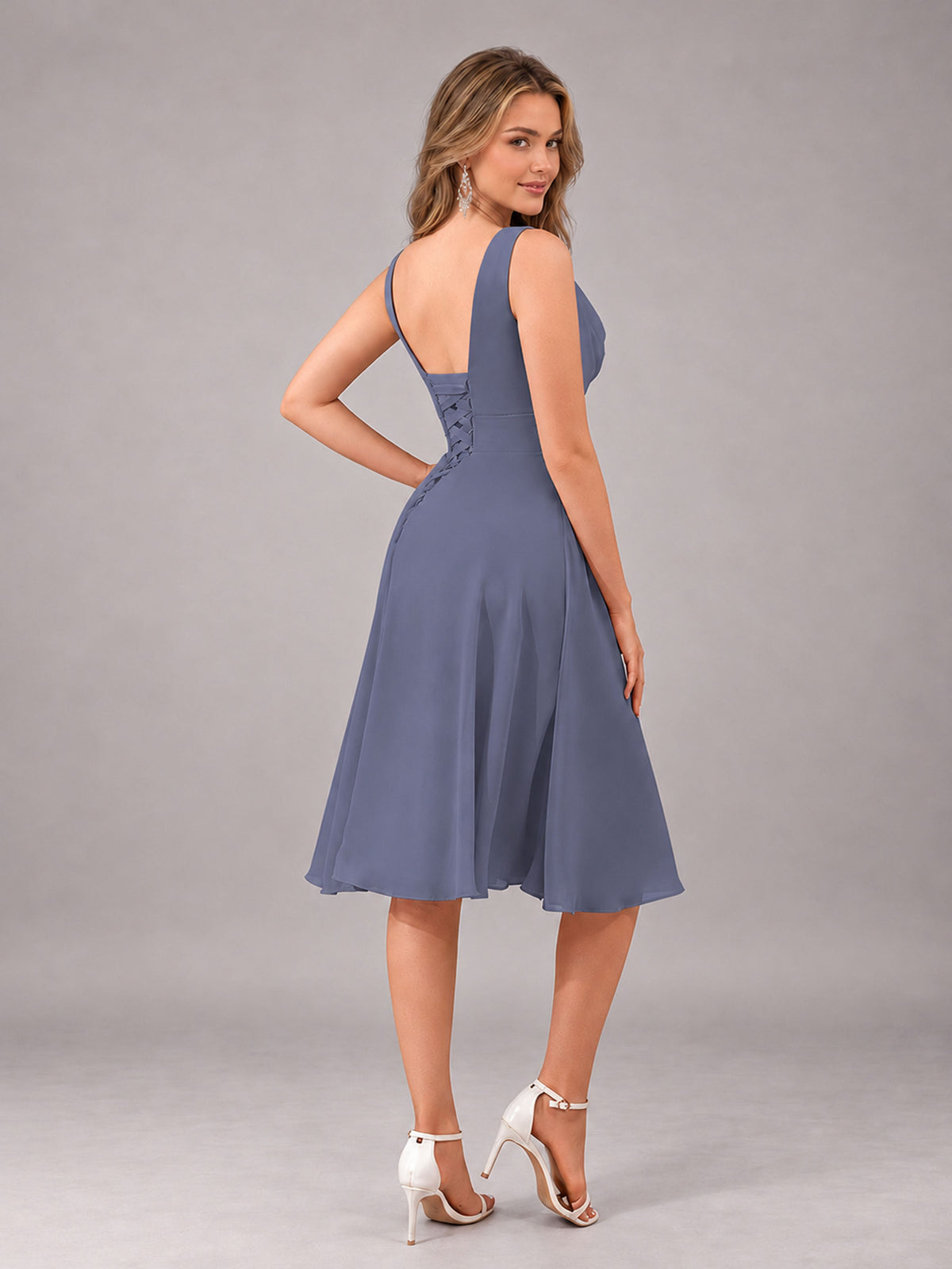 Stormy Blue Stylish A-Line V-Neck Knee Length Chiffon Bridesmaid Dress