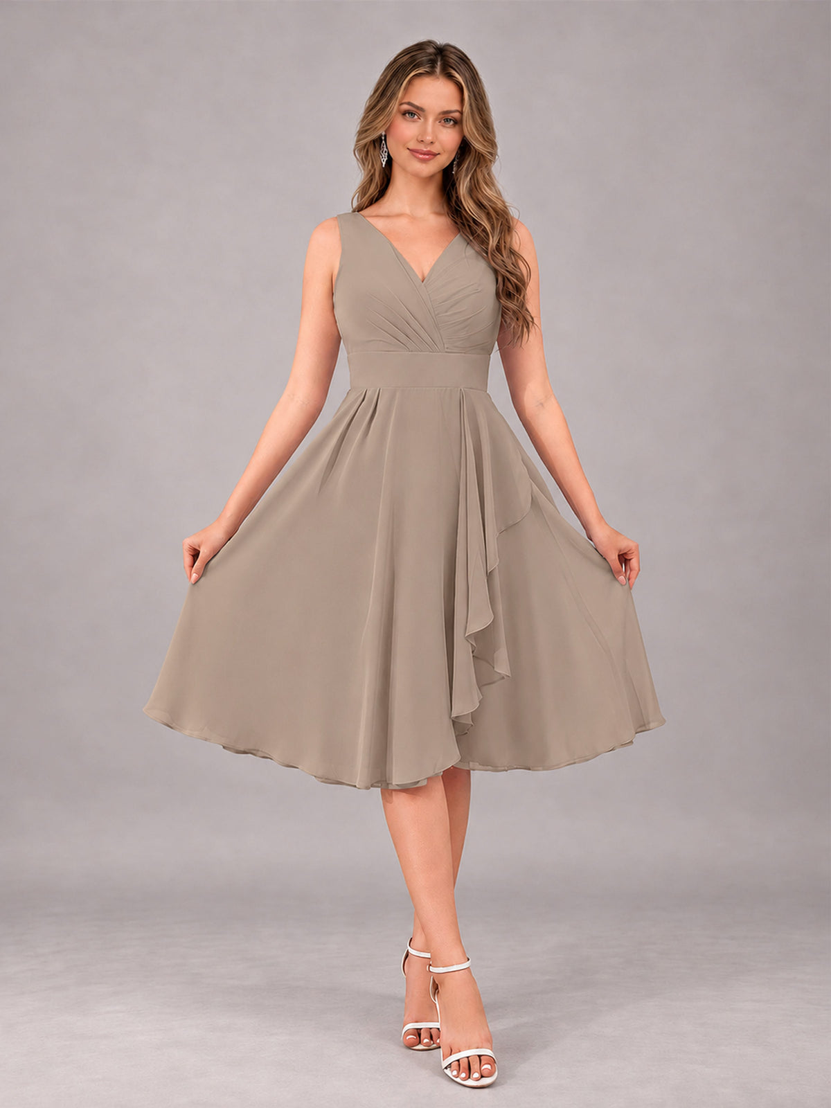 Taupe Stylish A-Line V-Neck Knee Length Chiffon Bridesmaid Dress