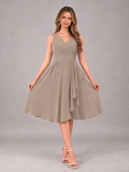 Taupe Stylish A-Line V-Neck Knee Length Chiffon Bridesmaid Dress