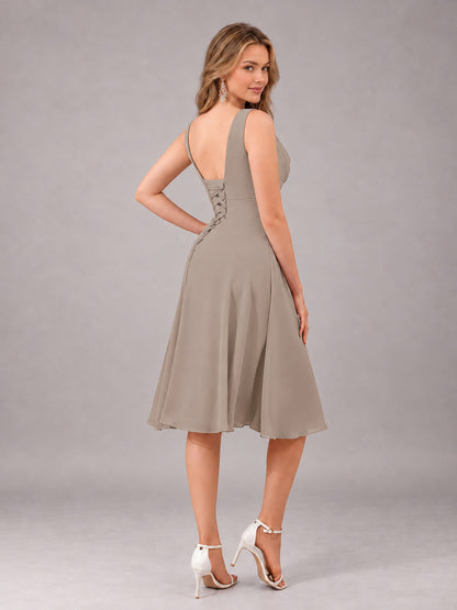 Taupe Stylish A-Line V-Neck Knee Length Chiffon Bridesmaid Dress