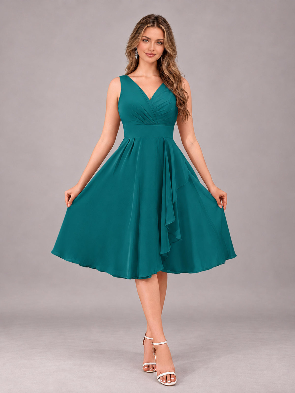 Teal Stylish A-Line V-Neck Knee Length Chiffon Bridesmaid Dress
