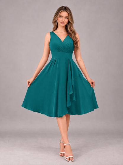 Teal Stylish A-Line V-Neck Knee Length Chiffon Bridesmaid Dress