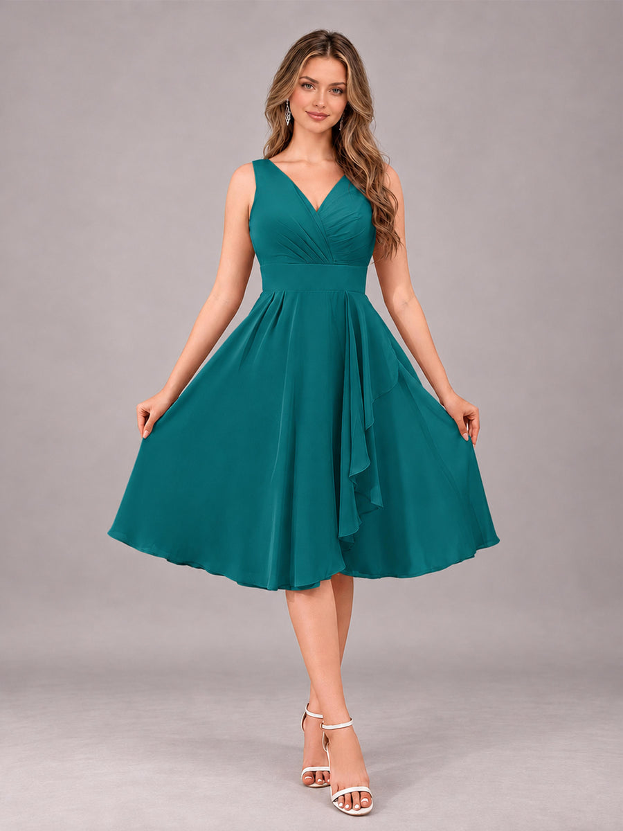 Teal Stylish A-Line V-Neck Knee Length Chiffon Bridesmaid Dress