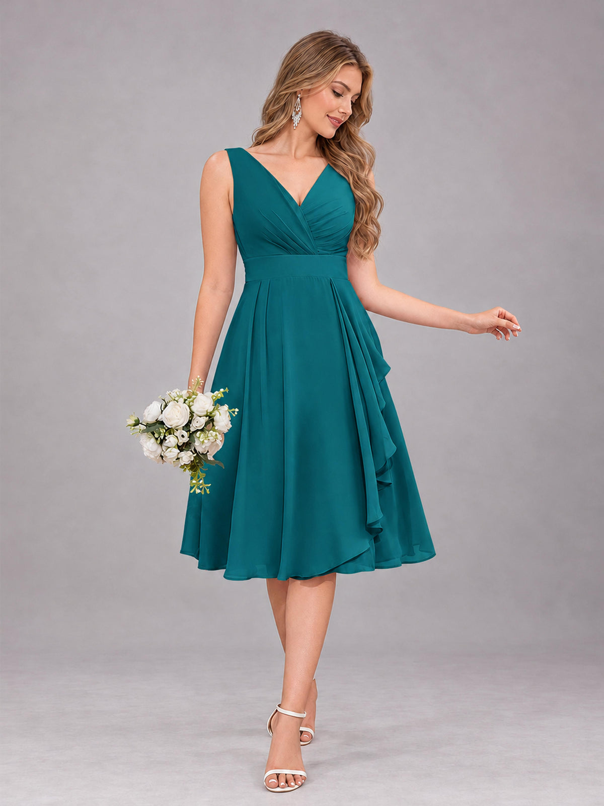 Teal Stylish A-Line V-Neck Knee Length Chiffon Bridesmaid Dress