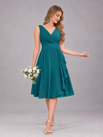 Teal Stylish A-Line V-Neck Knee Length Chiffon Bridesmaid Dress